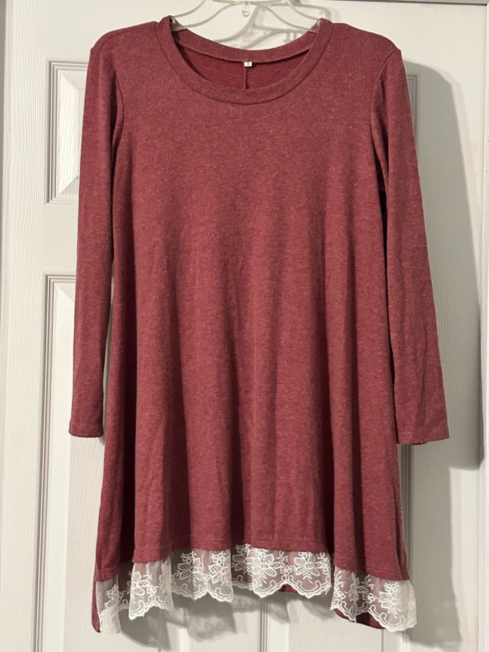 Long Sleeve Dusty Rose knee length Dress with Lace Trim